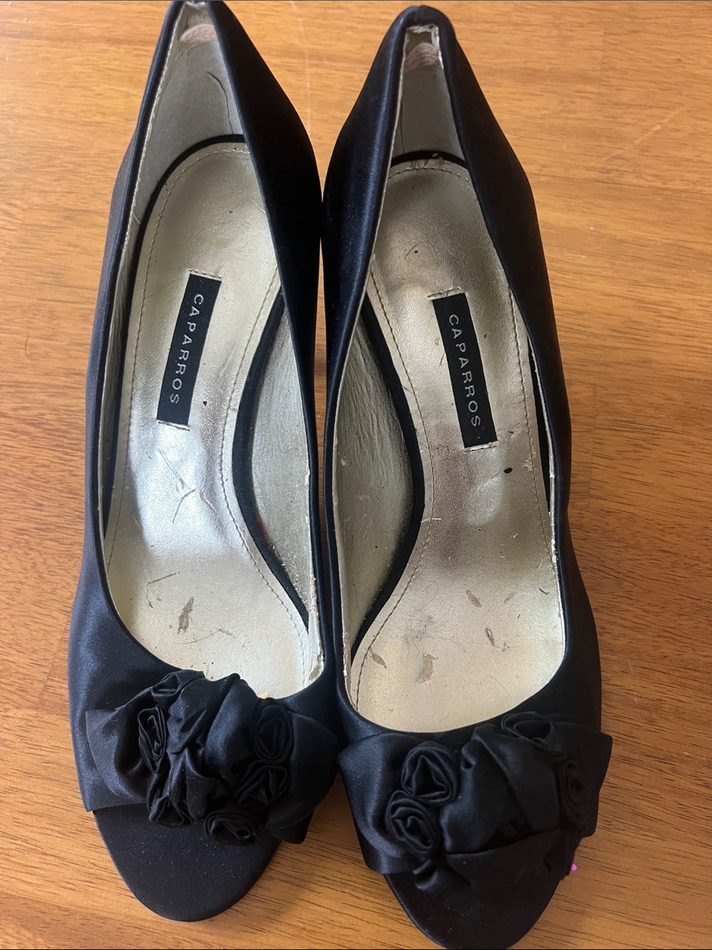 Caparros Black Satin Peep-Toe Heels with Rosette Detail